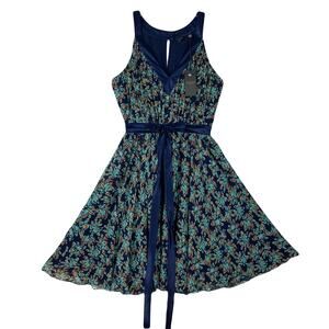 NWT TED BAKER Dress 2~S Silk Chiffon Floral Coral Blue Satin-Tie V-Neck FitFlare